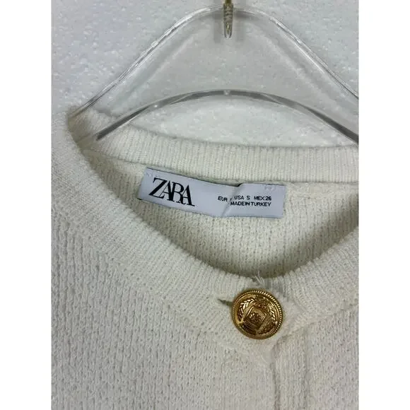 Zara Knit Gold Button Cardigan White Small Quiet Luxary Office Business Casual - Picture 6 of 8